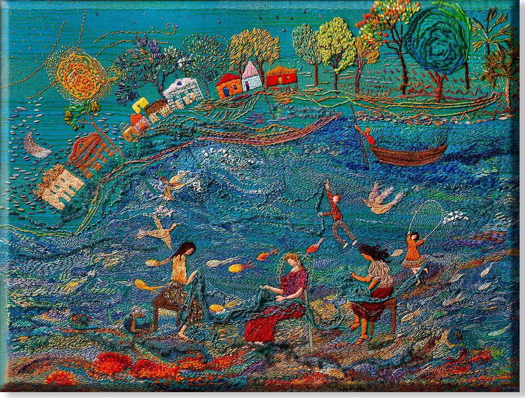 Mulheres que bordam entre rios