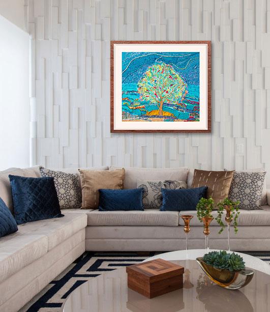 Tela Fine Art - Coleção Árvore - Quadro: Brincadeiras de águas e azuis em ambiente
